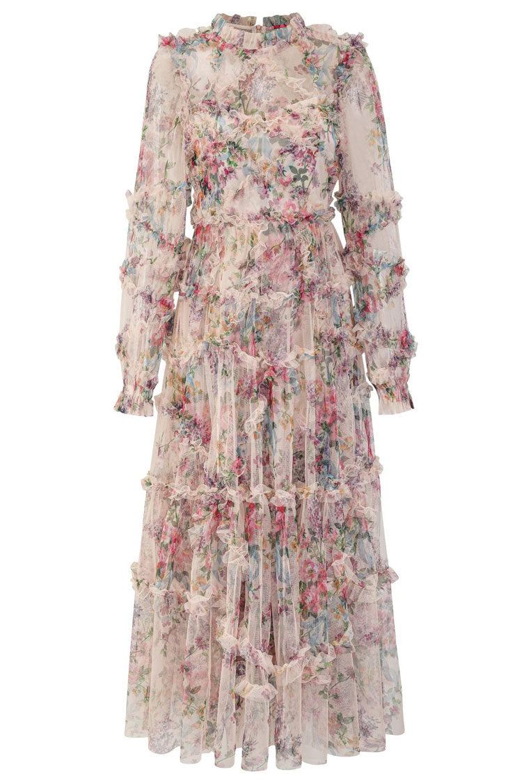 Mock Neck Bishop Sleeve Floral Tulle Tiered Ruffle Maxi Dress