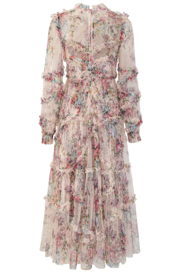 Mock Neck Bishop Sleeve Floral Tulle Tiered Ruffle Maxi Dress