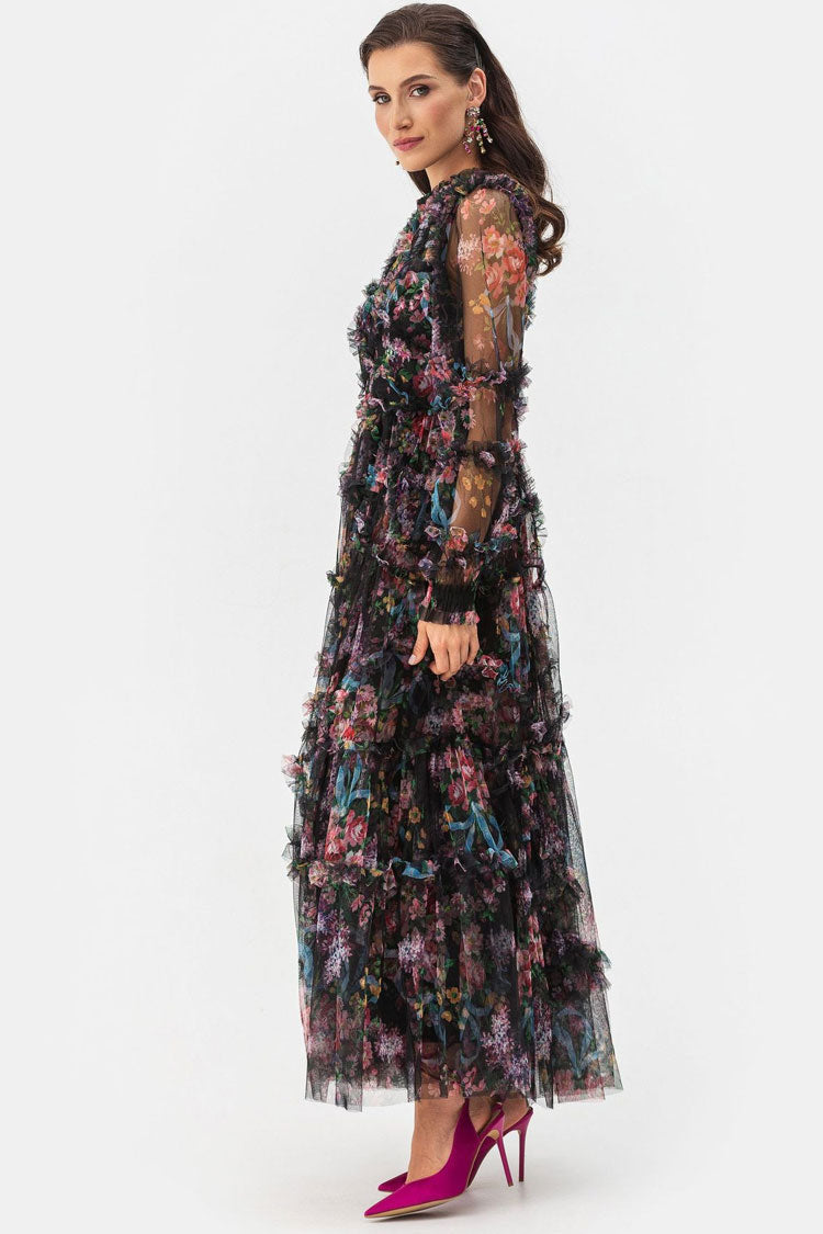 Floral Mock Neck Bishop Sleeve Tiered Ruffle Tulle Maxi Dress