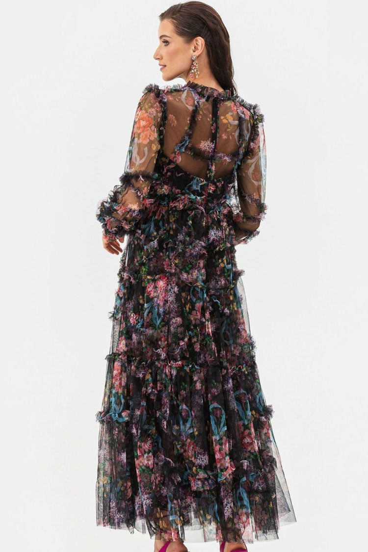Floral Mock Neck Bishop Sleeve Tiered Ruffle Tulle Maxi Dress