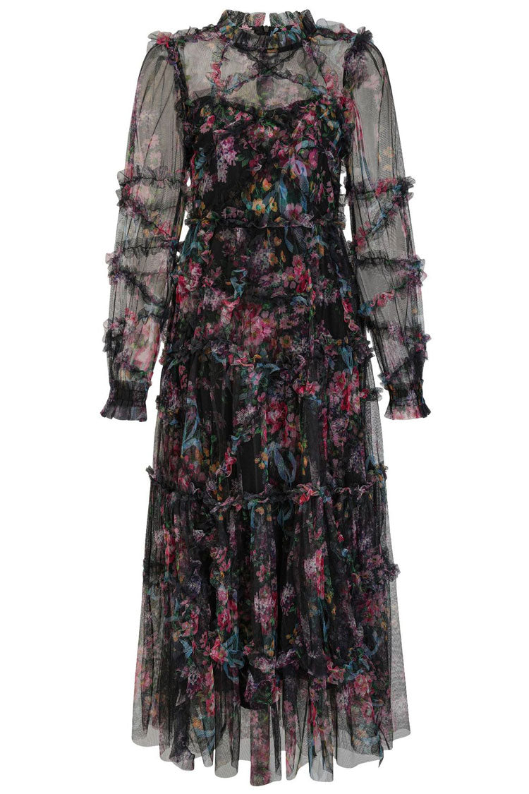 Floral Mock Neck Bishop Sleeve Tiered Ruffle Tulle Maxi Dress