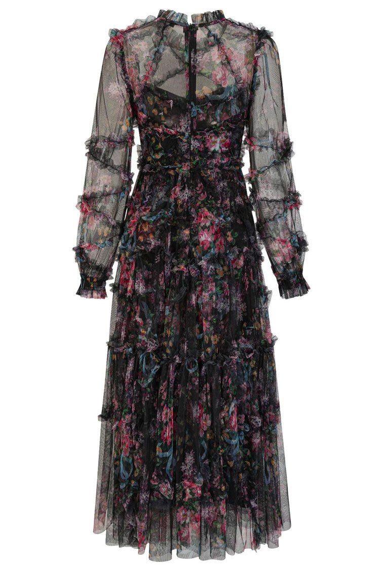 Floral Mock Neck Bishop Sleeve Tiered Ruffle Tulle Maxi Dress