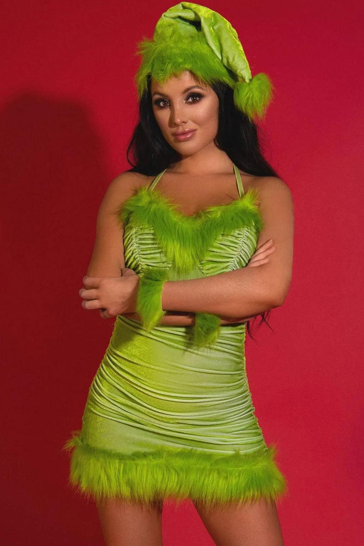 Fairy Mrs Claus Faux Fur Ruched Halter Velvet Christmas Party Mini Dress - Green