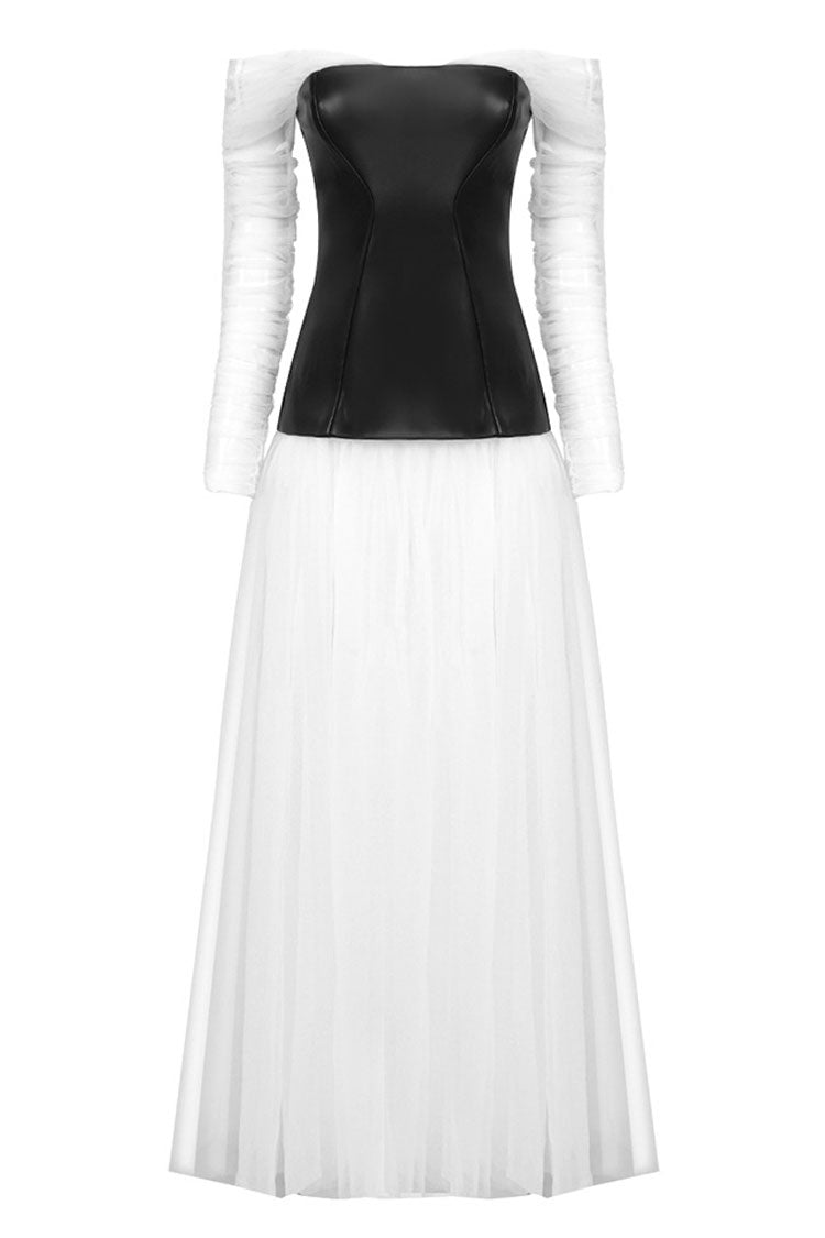 Fairy Off Shoulder Black and White Faux Leather Tulle Evening Maxi Dress - White 6