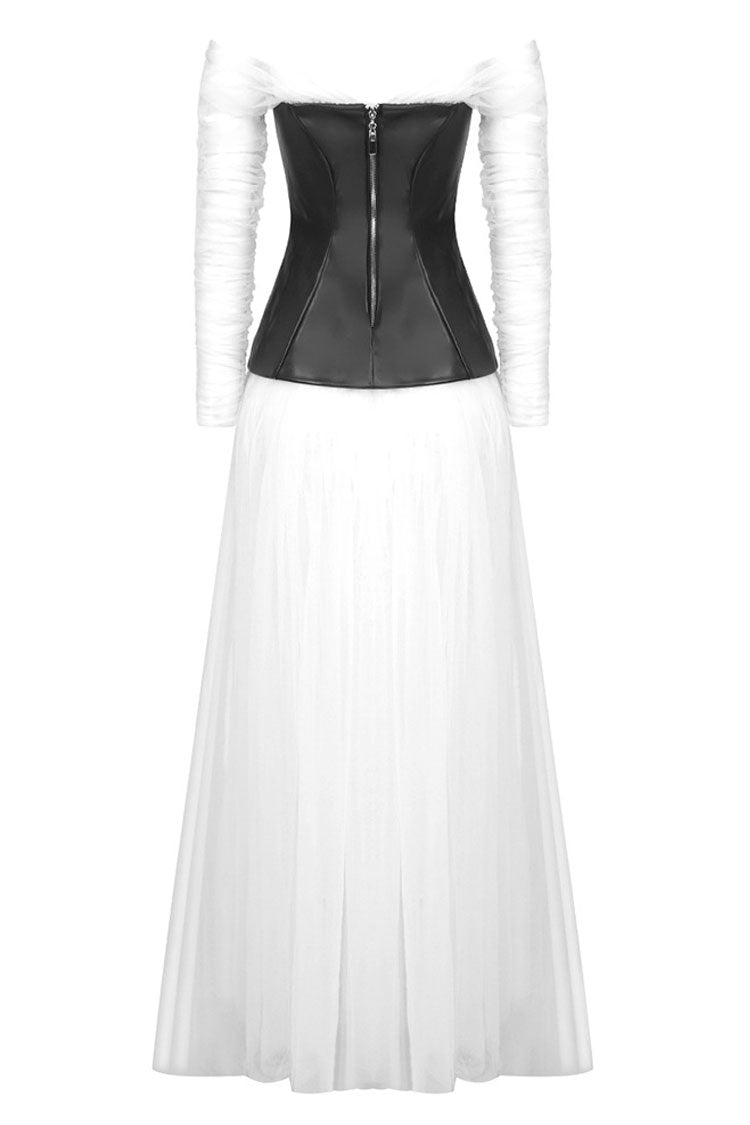 Fairy Off Shoulder Black and White Faux Leather Tulle Evening Maxi Dress - White 7
