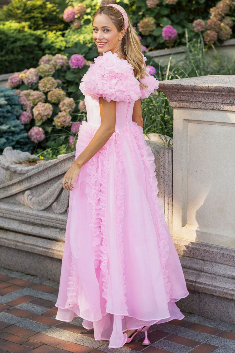 Satin Bodice Square Neck Puff Sleeve Ruffle Organza A-Line Maxi Dress