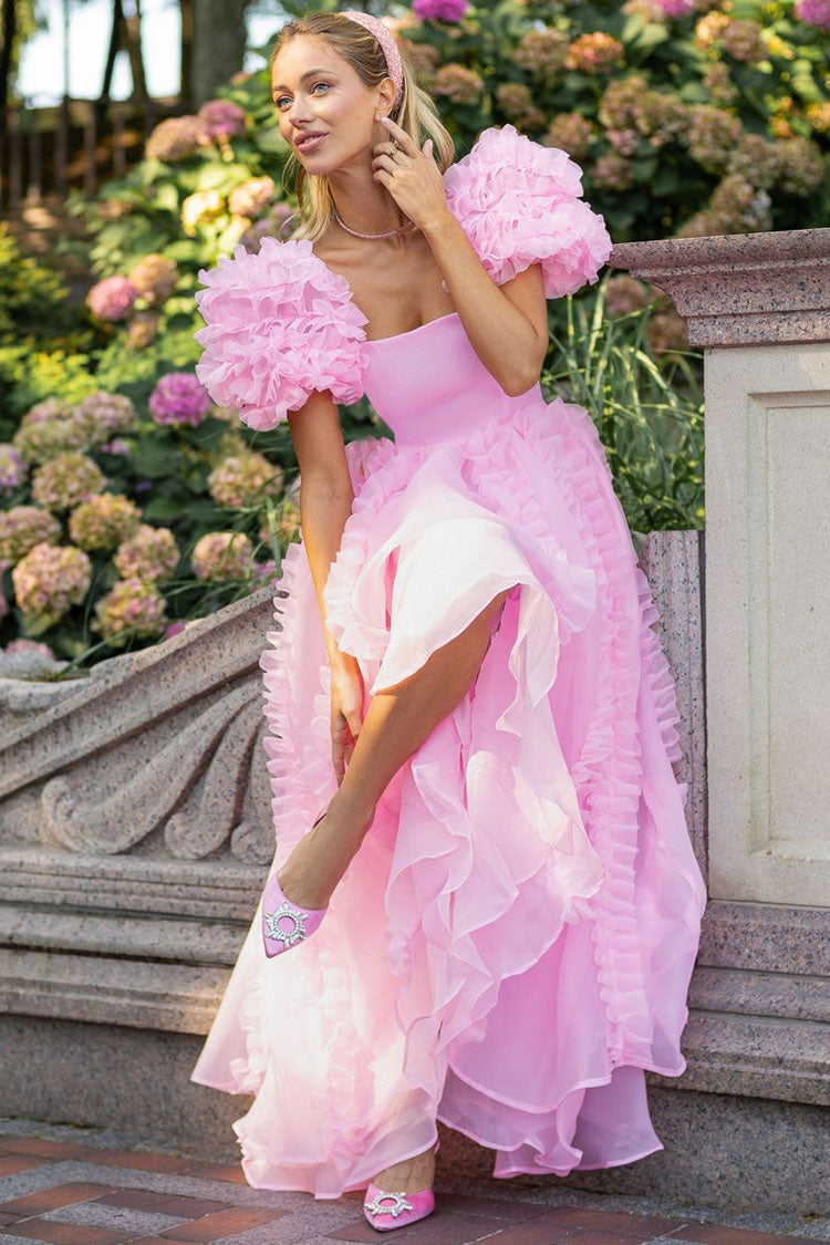 Satin Bodice Square Neck Puff Sleeve Ruffle Organza A-Line Maxi Dress