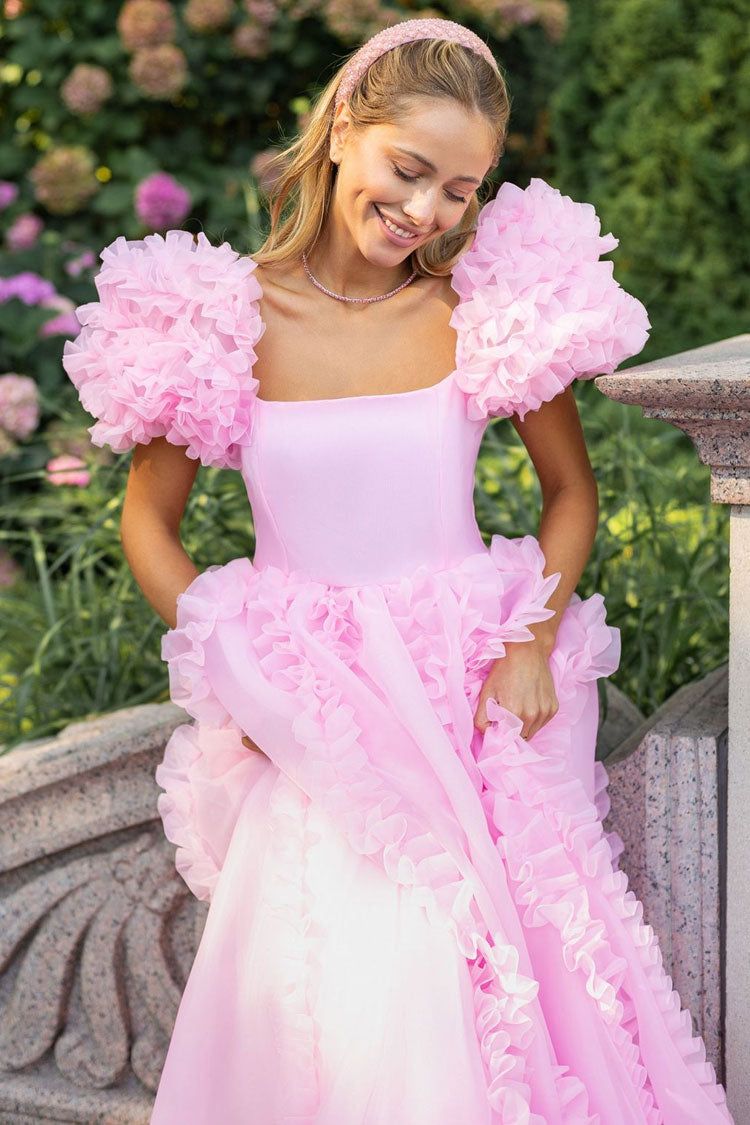 Satin Bodice Square Neck Puff Sleeve Ruffle Organza A-Line Maxi Dress