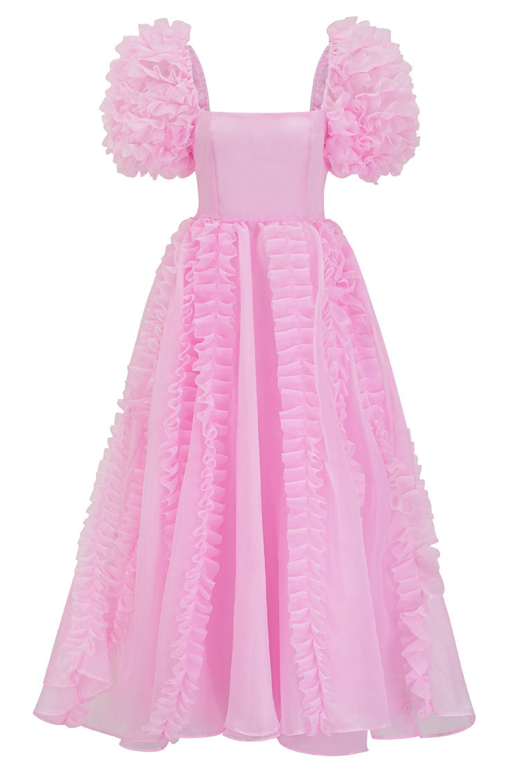 Satin Bodice Square Neck Puff Sleeve Ruffle Organza A-Line Maxi Dress