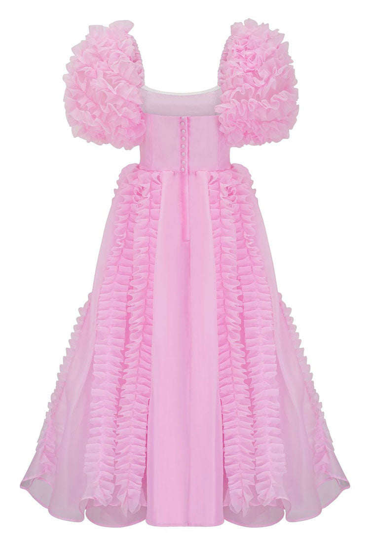 Satin Bodice Square Neck Puff Sleeve Ruffle Organza A-Line Maxi Dress