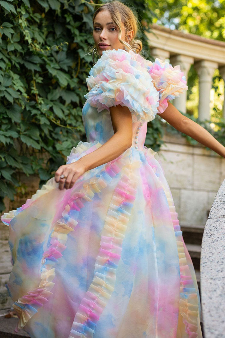 Square Neck Puff Sleeve Tiered Ruffle Organza High Low Midi Dress