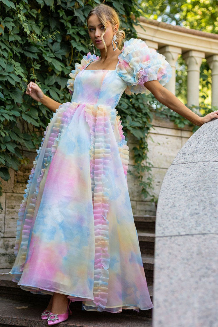 Square Neck Puff Sleeve Tiered Ruffle Organza High Low Midi Dress