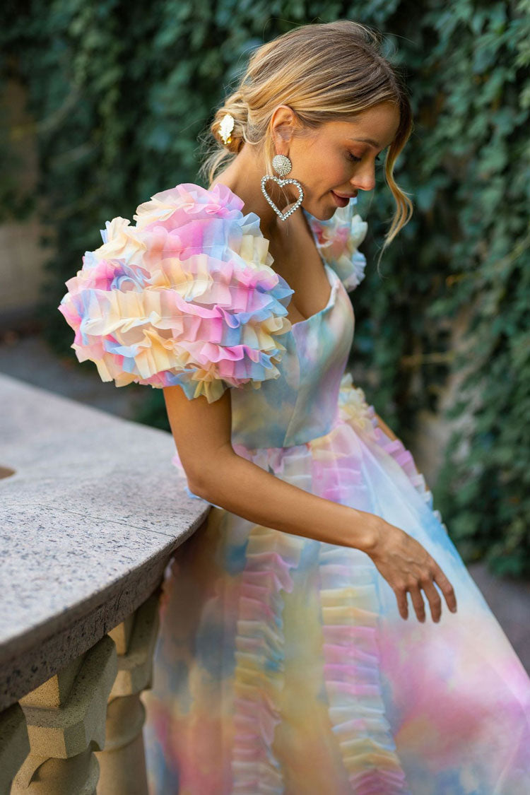 Square Neck Puff Sleeve Tiered Ruffle Organza High Low Midi Dress