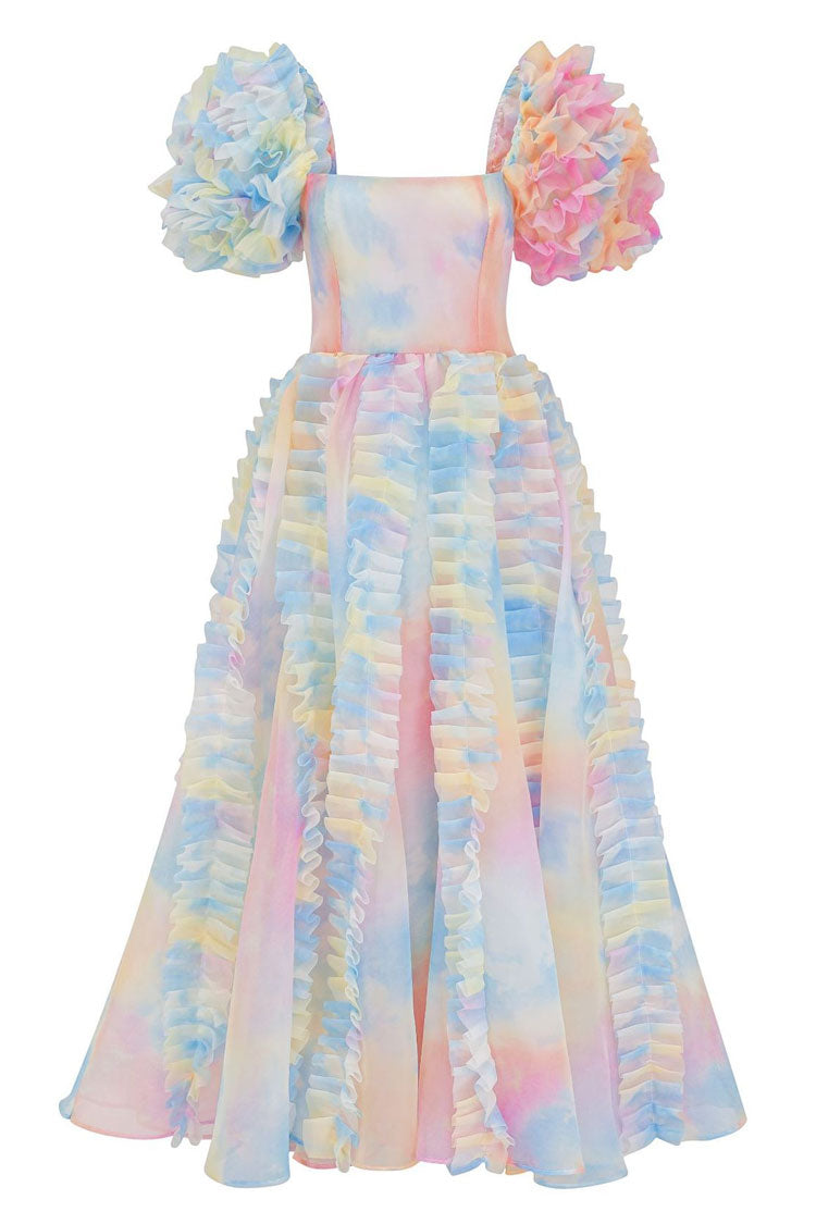 Square Neck Puff Sleeve Tiered Ruffle Organza High Low Midi Dress