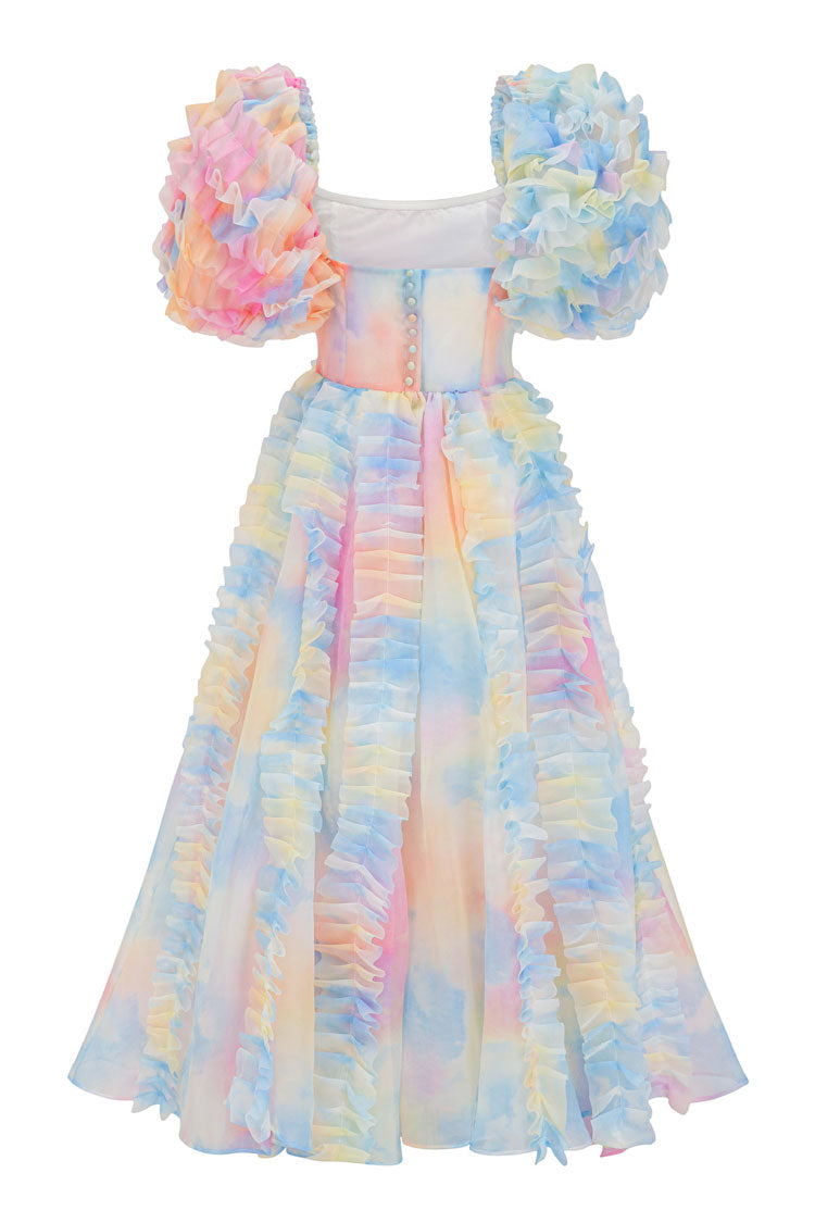 Square Neck Puff Sleeve Tiered Ruffle Organza High Low Midi Dress