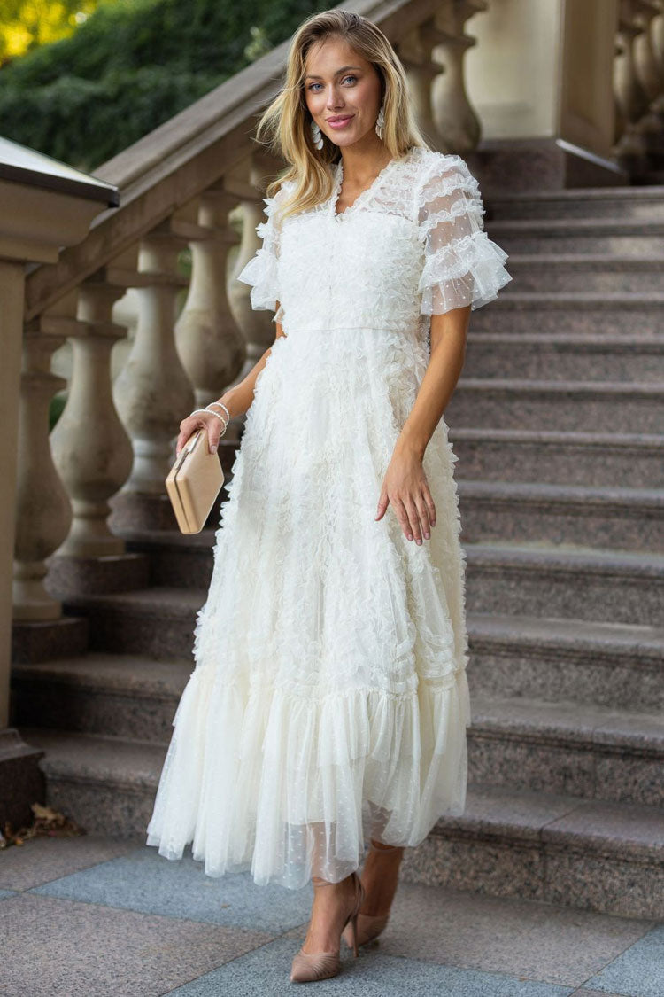 V-Neck Flutter Sleeve Tiered Ruffle Dot Tulle Fit and Flare Midi Dress
