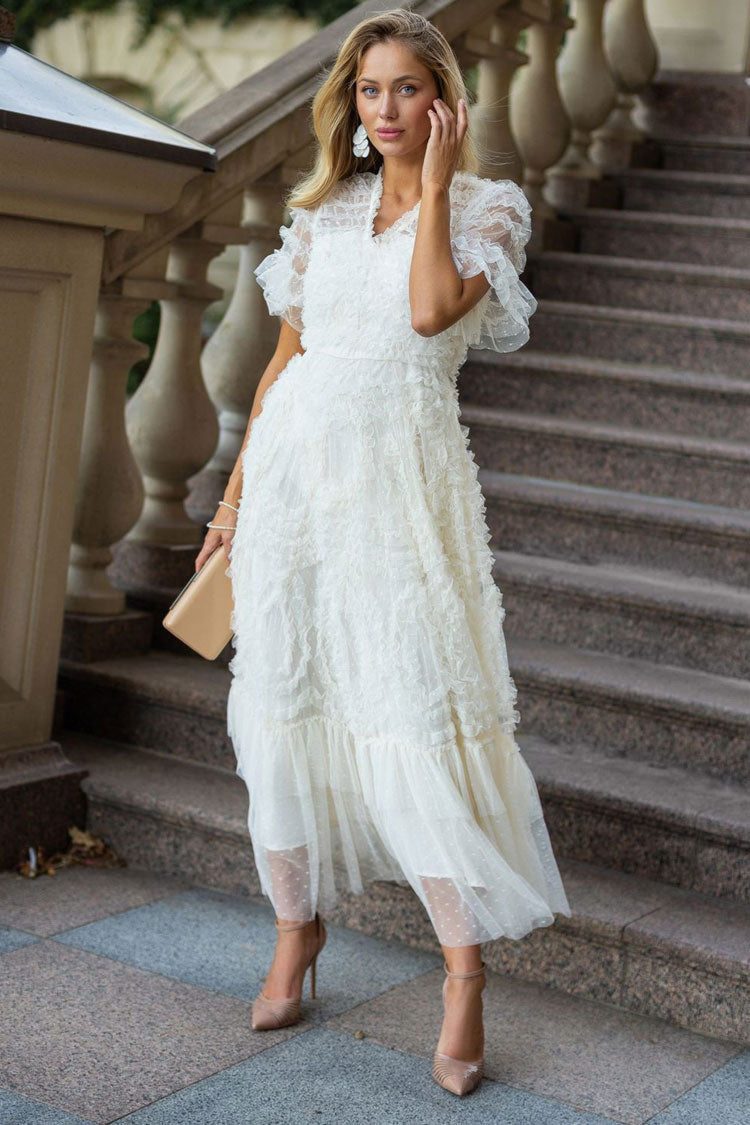V-Neck Flutter Sleeve Tiered Ruffle Dot Tulle Fit and Flare Midi Dress