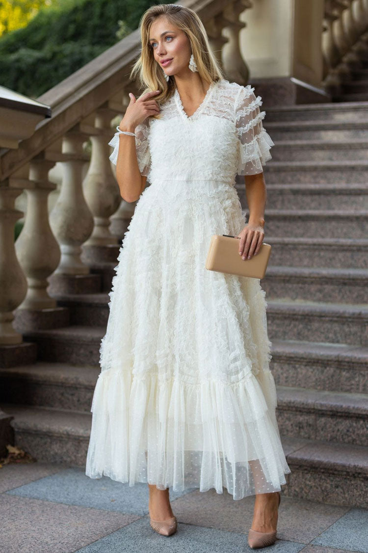 V-Neck Flutter Sleeve Tiered Ruffle Dot Tulle Fit and Flare Midi Dress