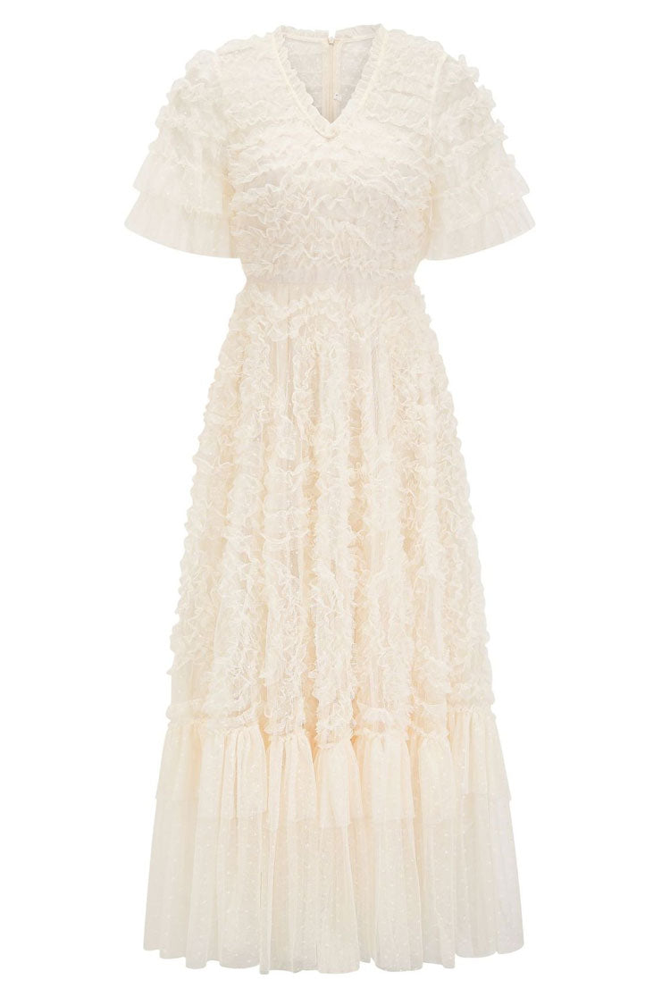 V-Neck Flutter Sleeve Tiered Ruffle Dot Tulle Fit and Flare Midi Dress