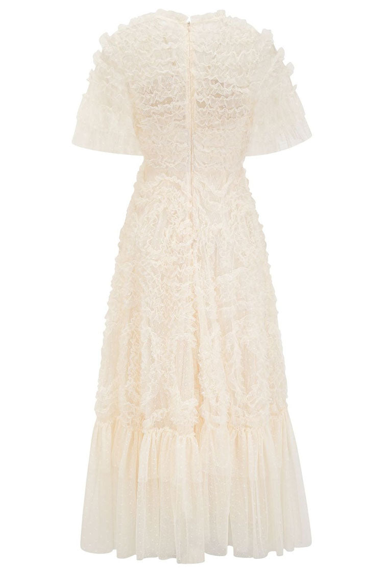 V-Neck Flutter Sleeve Tiered Ruffle Dot Tulle Fit and Flare Midi Dress