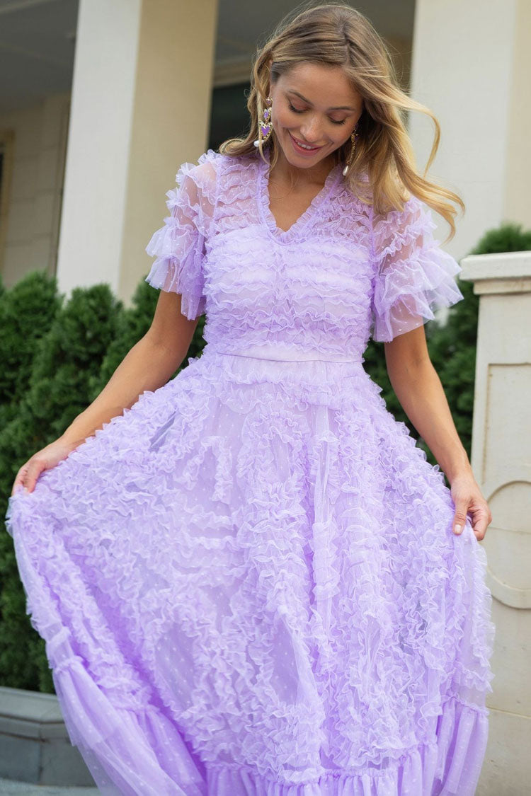 V-Neck Flutter Sleeve Tiered Ruffle Dot Tulle Fit and Flare Midi Dress