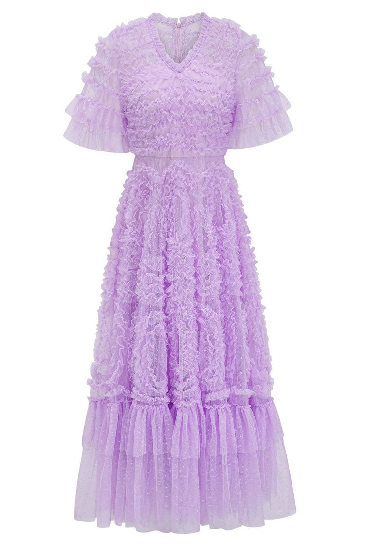 V-Neck Flutter Sleeve Tiered Ruffle Dot Tulle Fit and Flare Midi Dress