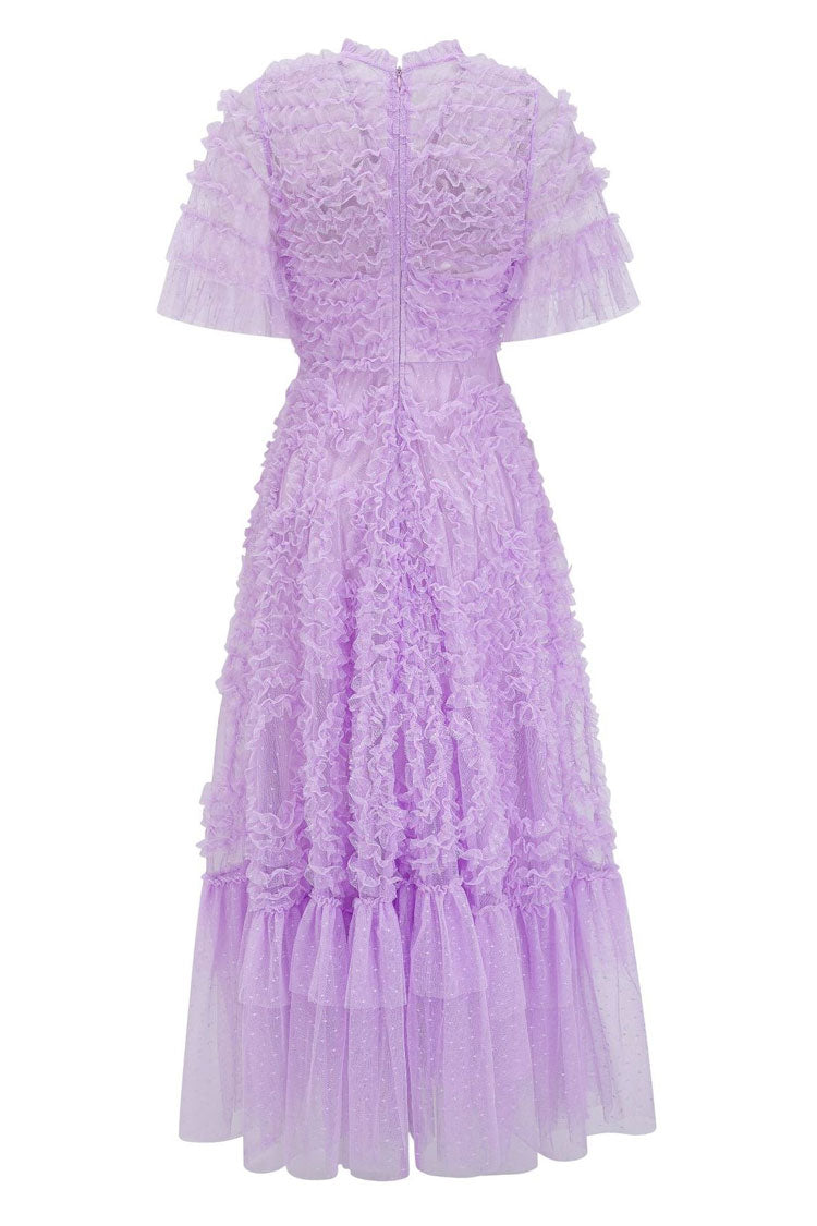 V-Neck Flutter Sleeve Tiered Ruffle Dot Tulle Fit and Flare Midi Dress