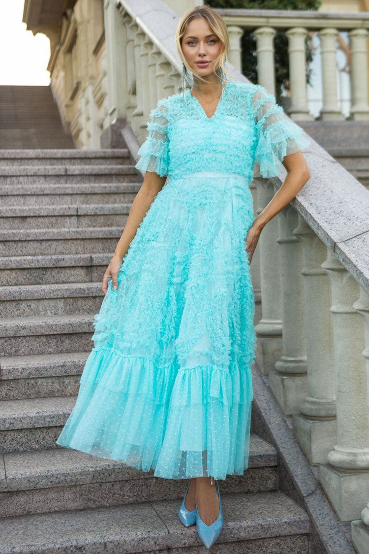 V-Neck Flutter Sleeve Tiered Ruffle Dot Tulle Fit and Flare Midi Dress