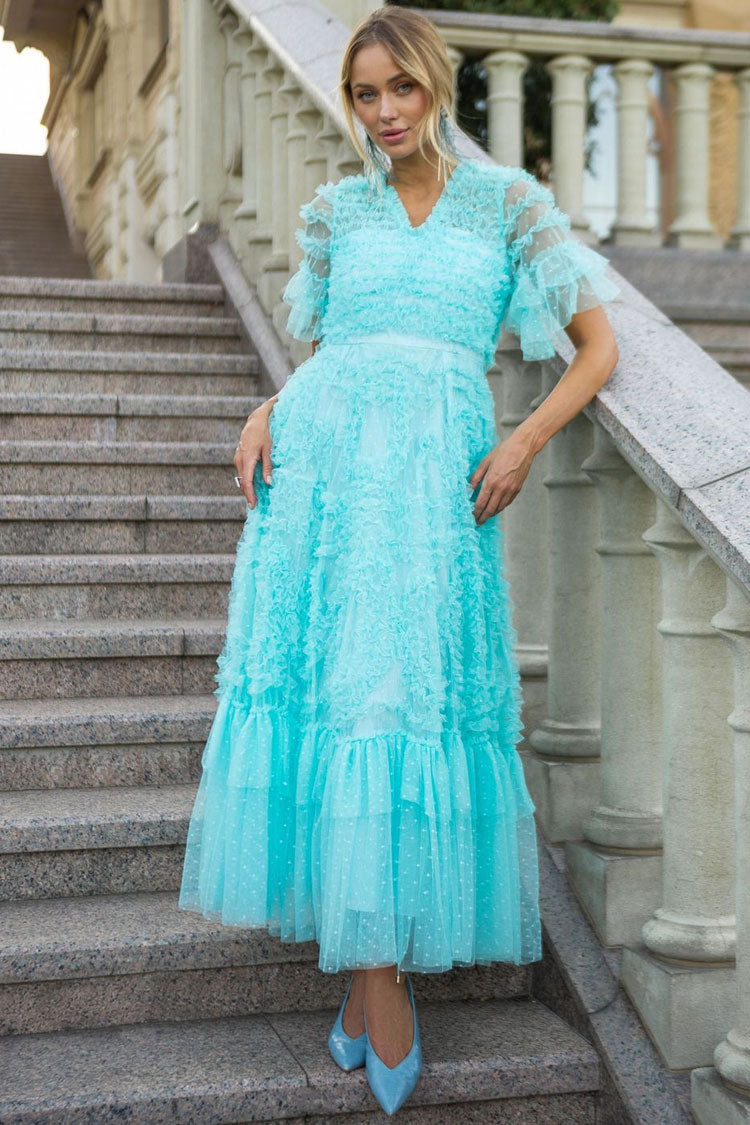 V-Neck Flutter Sleeve Tiered Ruffle Dot Tulle Fit and Flare Midi Dress