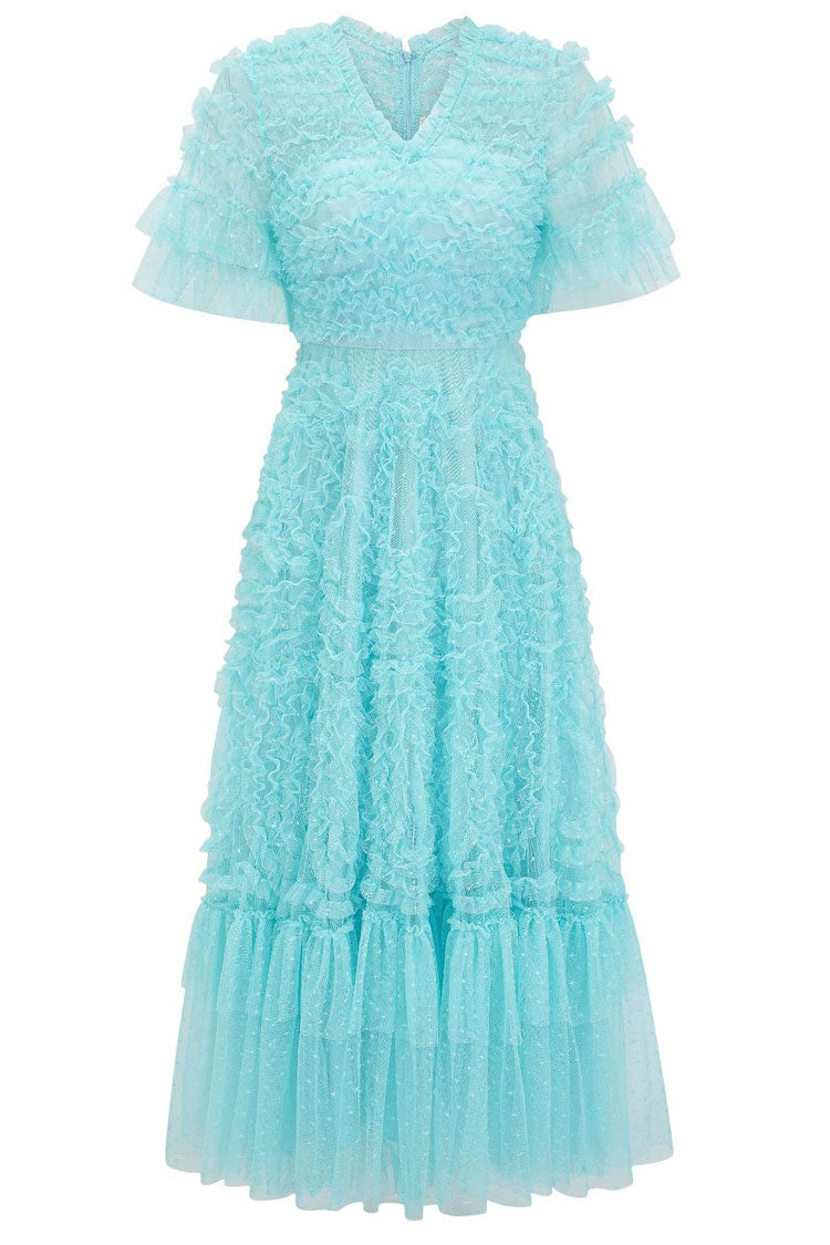V-Neck Flutter Sleeve Tiered Ruffle Dot Tulle Fit and Flare Midi Dress