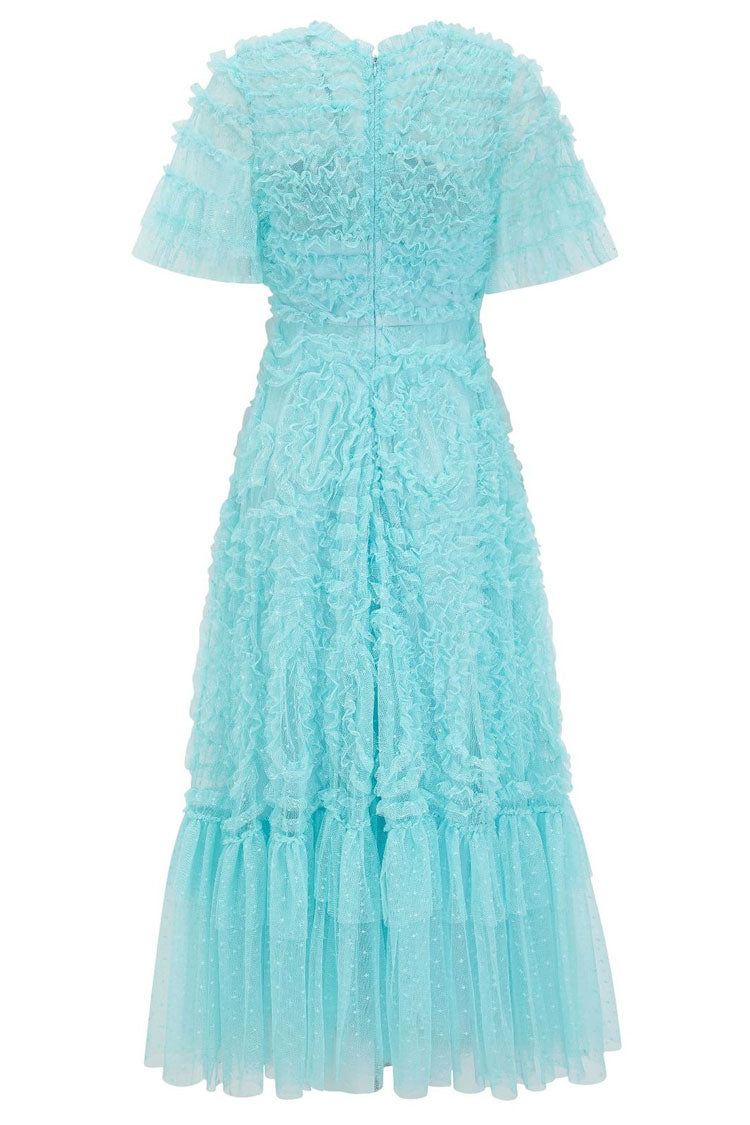 V-Neck Flutter Sleeve Tiered Ruffle Dot Tulle Fit and Flare Midi Dress