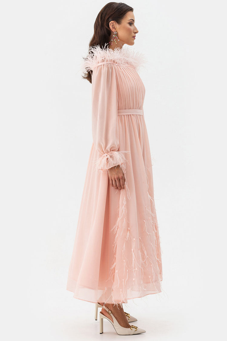 Feather Trim Off Shoulder Long Sleeve Pleated Chiffon Midi Dress
