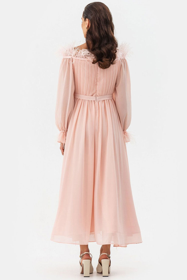 Feather Trim Off Shoulder Long Sleeve Pleated Chiffon Midi Dress