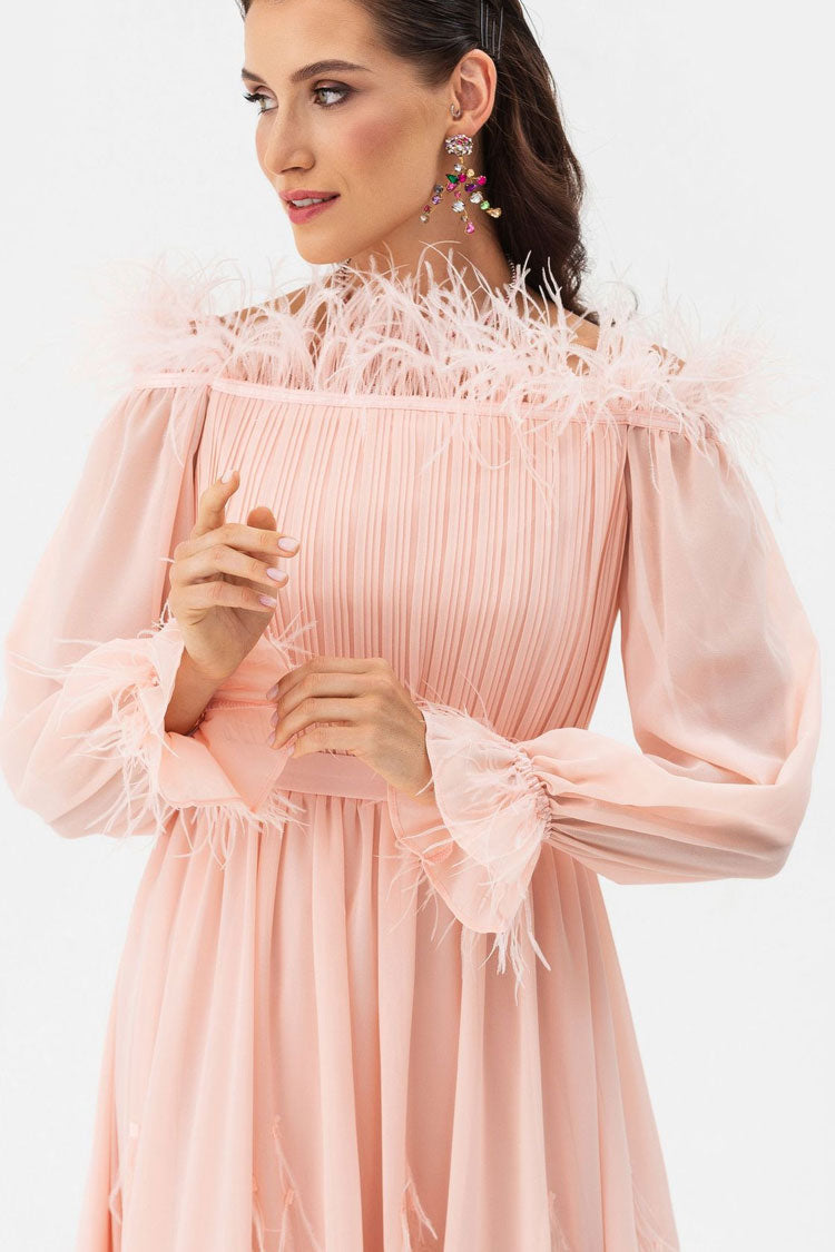 Feather Trim Off Shoulder Long Sleeve Pleated Chiffon Midi Dress