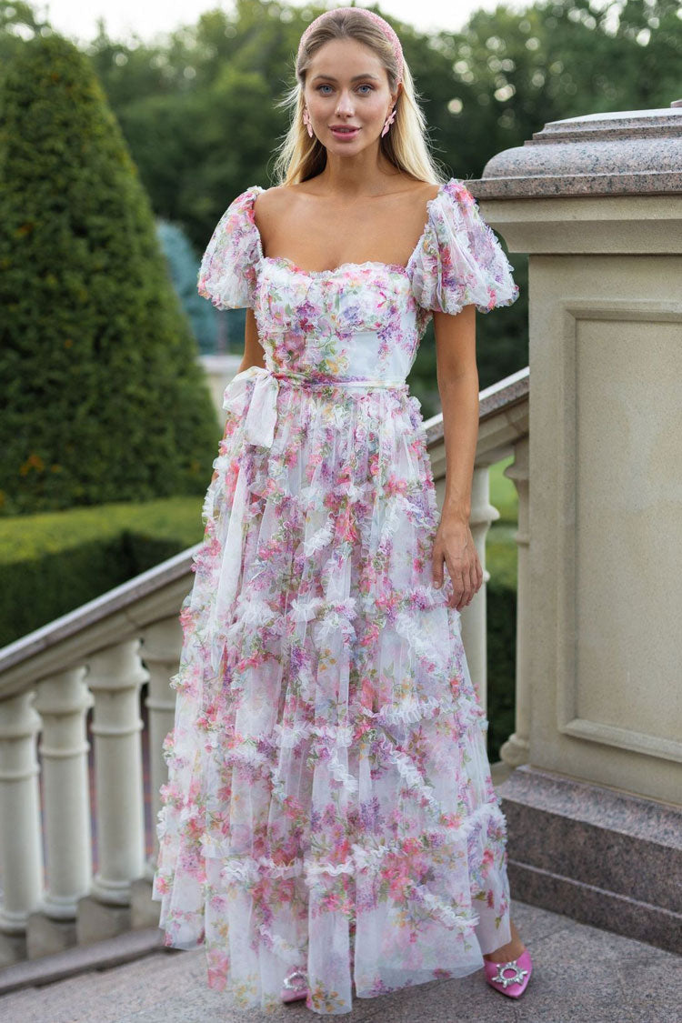 Floral Print Sweetheart Puff Sleeve Tiered Ruffle Tulle A-Line Maxi Dress