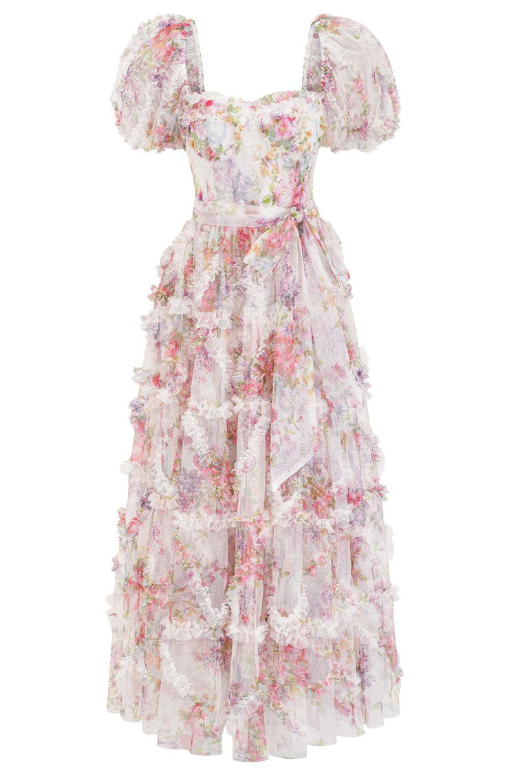 Floral Print Sweetheart Puff Sleeve Tiered Ruffle Tulle A-Line Maxi Dress
