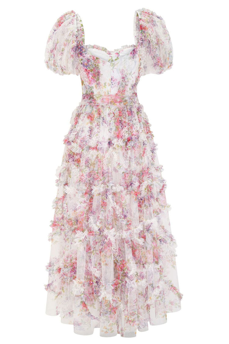 Floral Print Sweetheart Puff Sleeve Tiered Ruffle Tulle A-Line Maxi Dress