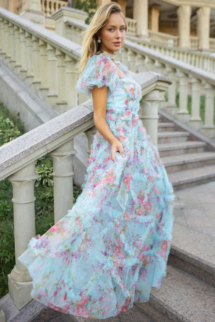 Floral Print Sweetheart Puff Sleeve Tiered Ruffle Tulle A-Line Maxi Dress