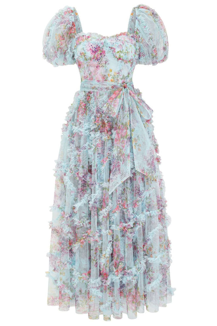 Floral Print Sweetheart Puff Sleeve Tiered Ruffle Tulle A-Line Maxi Dress