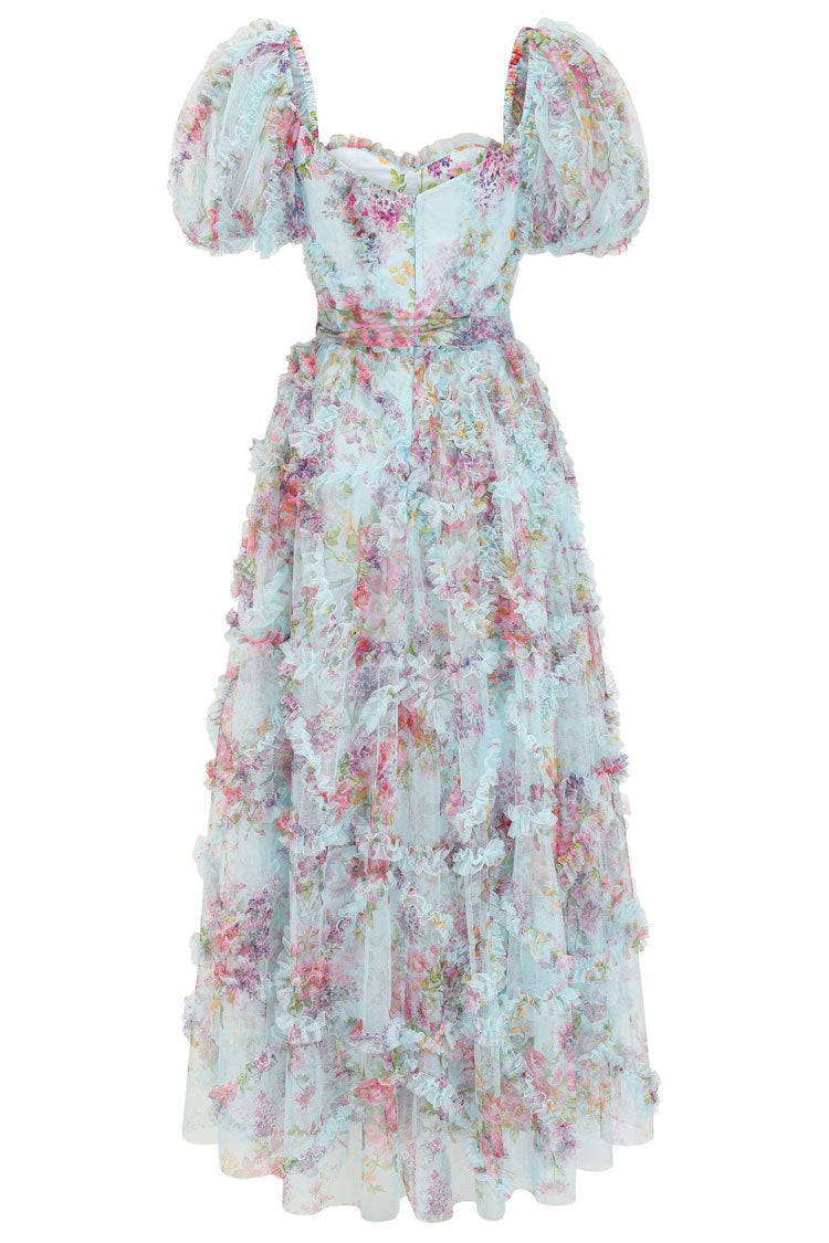 Floral Print Sweetheart Puff Sleeve Tiered Ruffle Tulle A-Line Maxi Dress