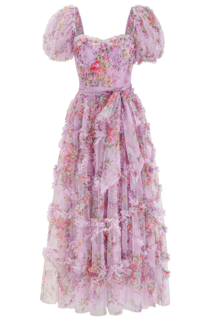 Floral Print Sweetheart Puff Sleeve Tiered Ruffle Tulle A-Line Maxi Dress
