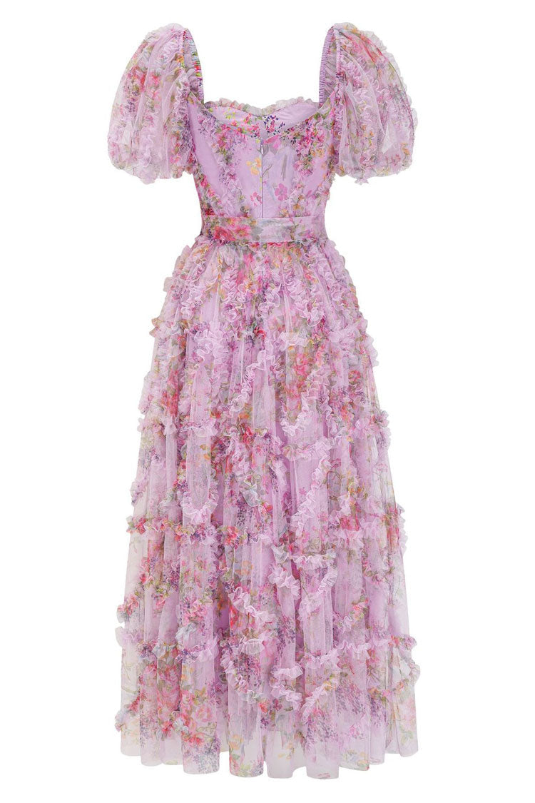Floral Print Sweetheart Puff Sleeve Tiered Ruffle Tulle A-Line Maxi Dress