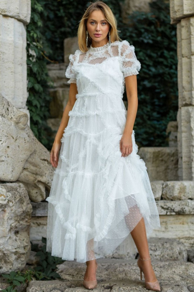 Mock Neck Short Sleeve Tiered Ruffle Dot Tulle Maxi Dress