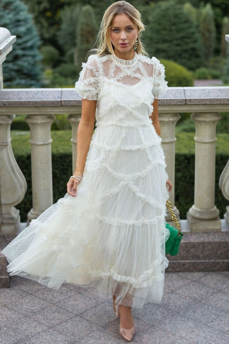 Mock Neck Short Sleeve Tiered Ruffle Dot Tulle Maxi Dress
