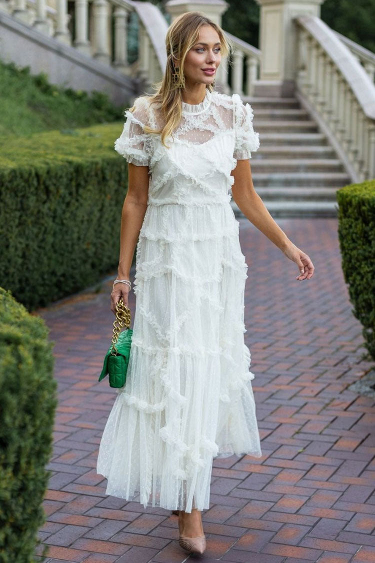 Mock Neck Short Sleeve Tiered Ruffle Dot Tulle Maxi Dress