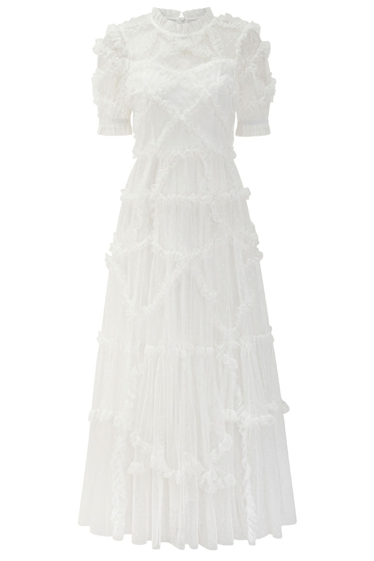 Mock Neck Short Sleeve Tiered Ruffle Dot Tulle Maxi Dress