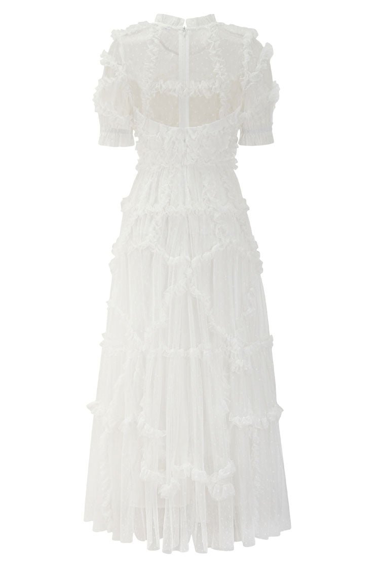 Mock Neck Short Sleeve Tiered Ruffle Dot Tulle Maxi Dress