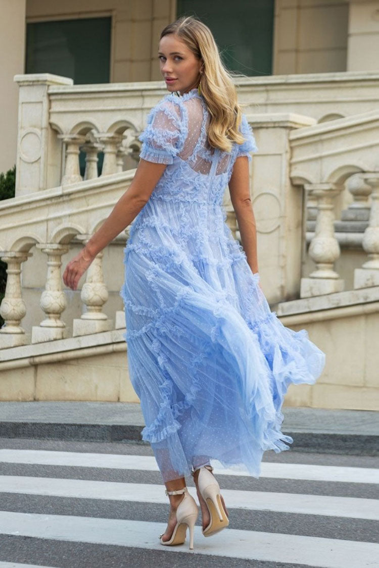 Mock Neck Short Sleeve Tiered Ruffle Dot Tulle Maxi Dress