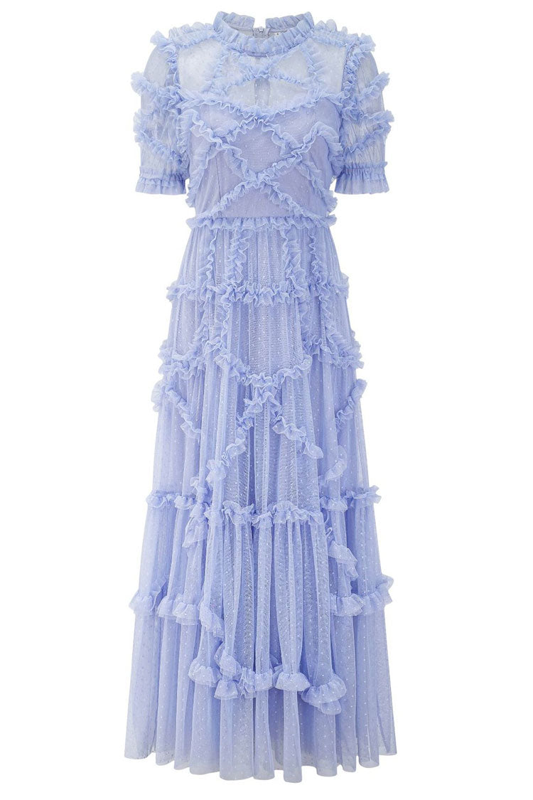 Mock Neck Short Sleeve Tiered Ruffle Dot Tulle Maxi Dress