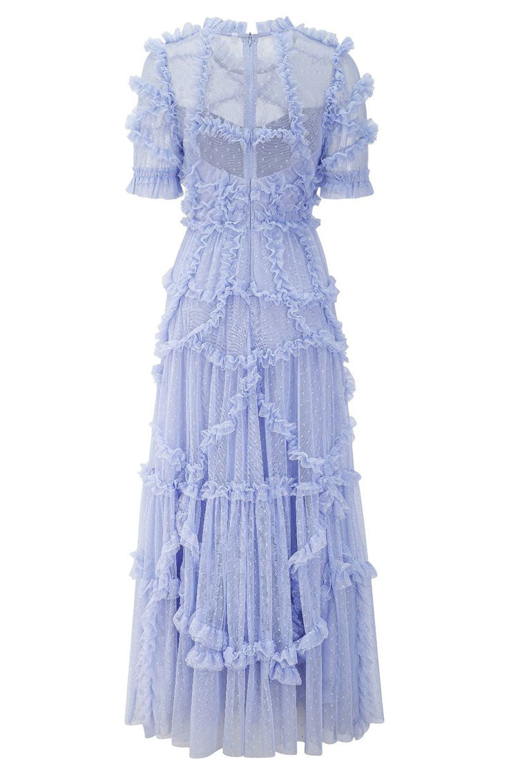 Mock Neck Short Sleeve Tiered Ruffle Dot Tulle Maxi Dress